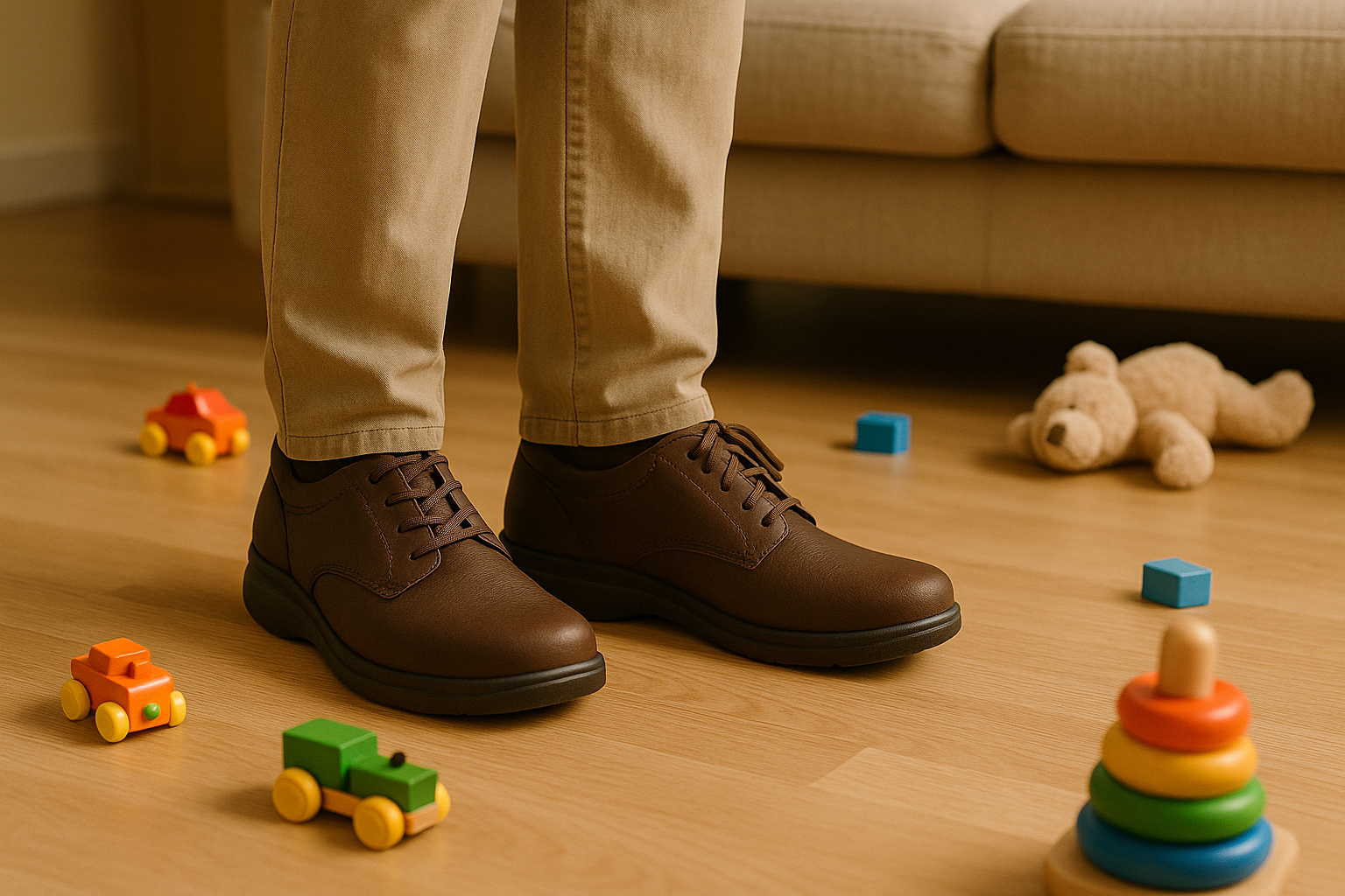 Orthopedic shoes providing comfort for a parent moving around the house with children.