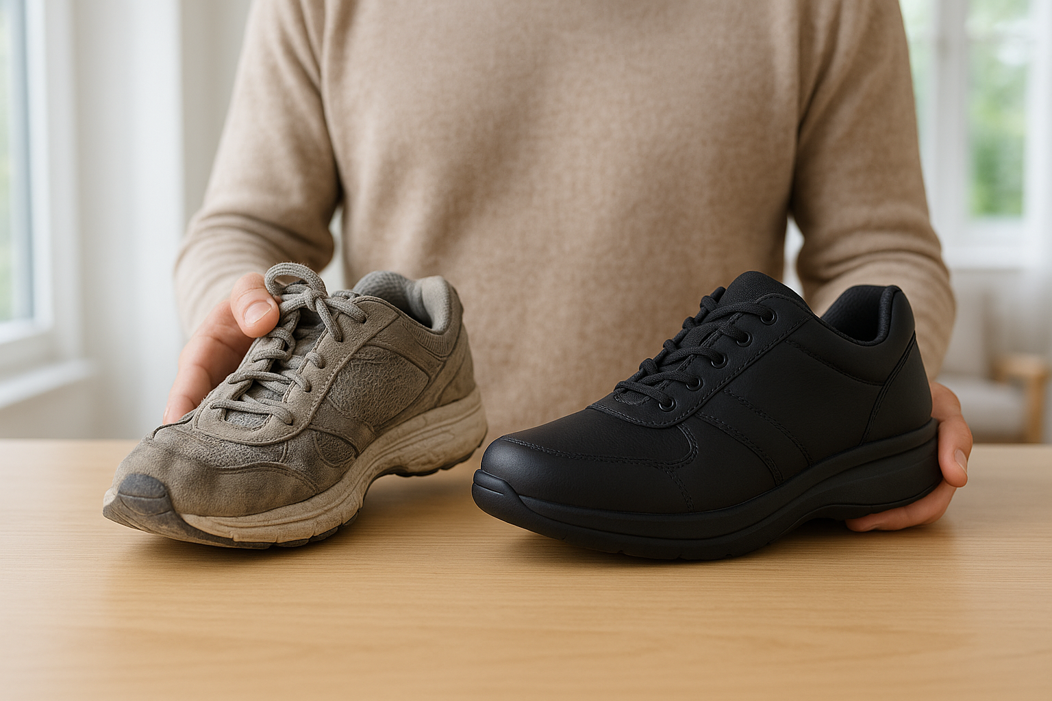 Comparison between worn-out regular shoes and durable orthopedic shoes showing long-term savings.