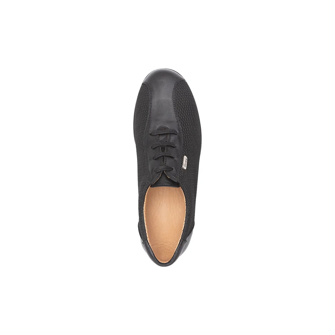 View of the removable cushioned insole inside the black men's orthopedic diabetic breathable mesh walking shoes ideal for custom orthotics.