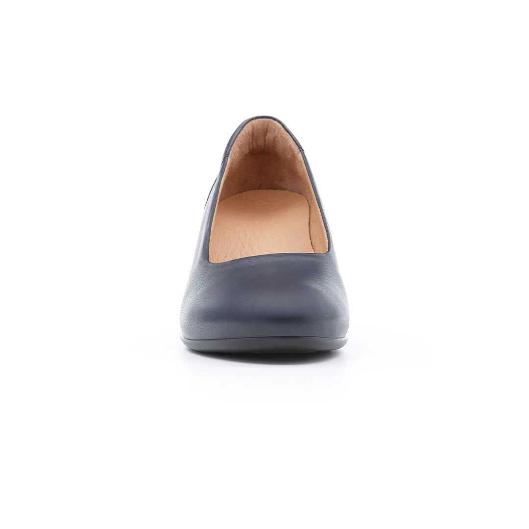 Women’s navy wide fit court shoes with cushioned insole for long standing comfort.