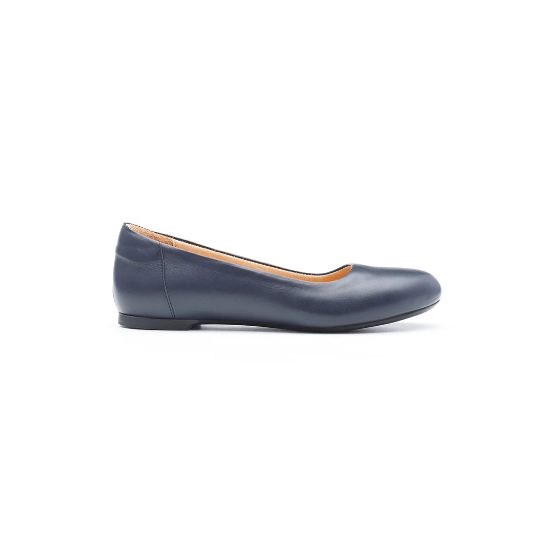 Women’s orthopedic navy flats with supportive sole for long walking and everyday comfort.