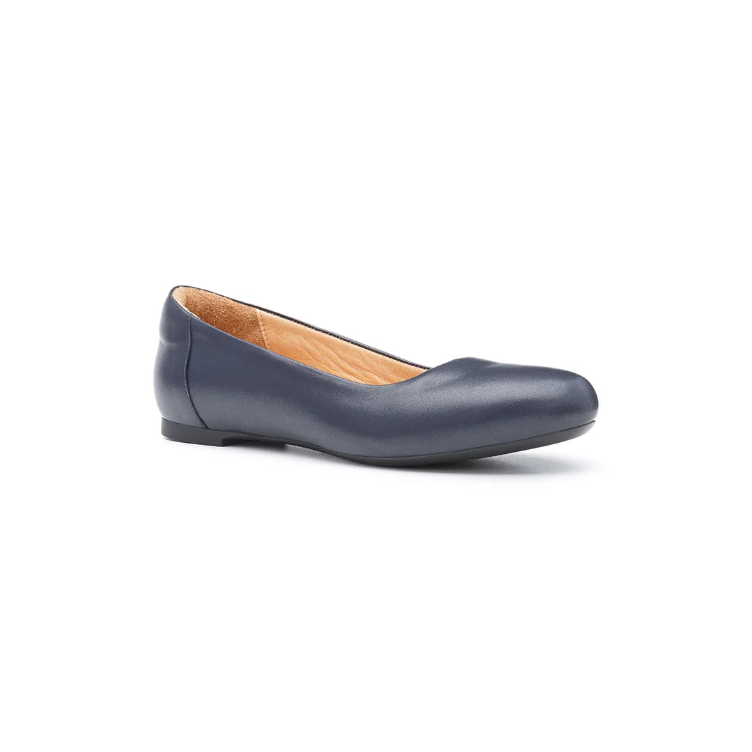 Navy wide fit leather ballet shoes for women with cushioned insole and orthopedic support.