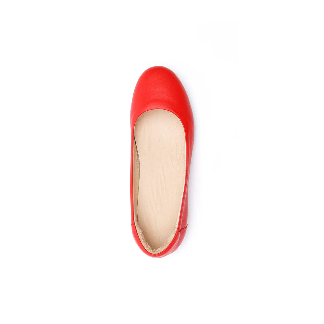 Red wide fit ballet shoes for women with padded insole for standing comfort.