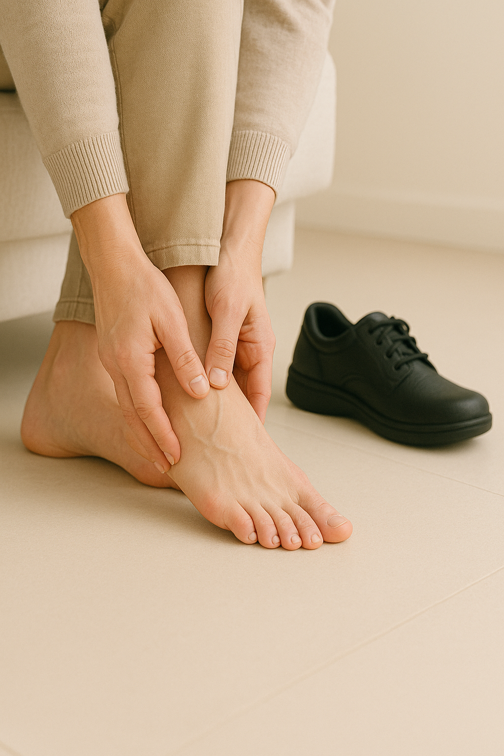 Person walking in supportive orthopedic shoes to prevent chronic foot conditions.