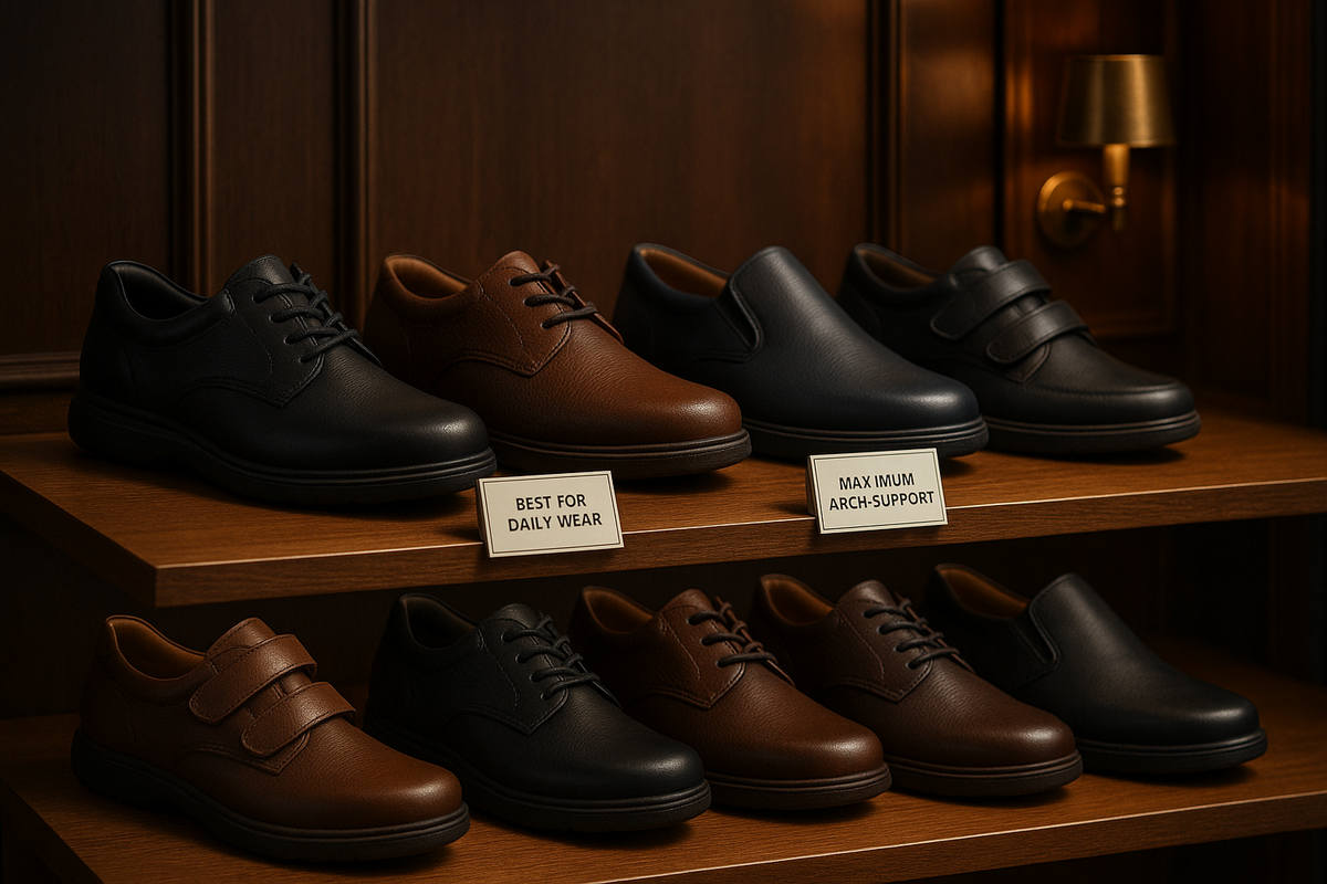 Selection of men’s orthopaedic shoes featuring cushioned soles, arch support, and wide toe boxes – the ultimate guide to choosing supportive footwear for comfort and health.