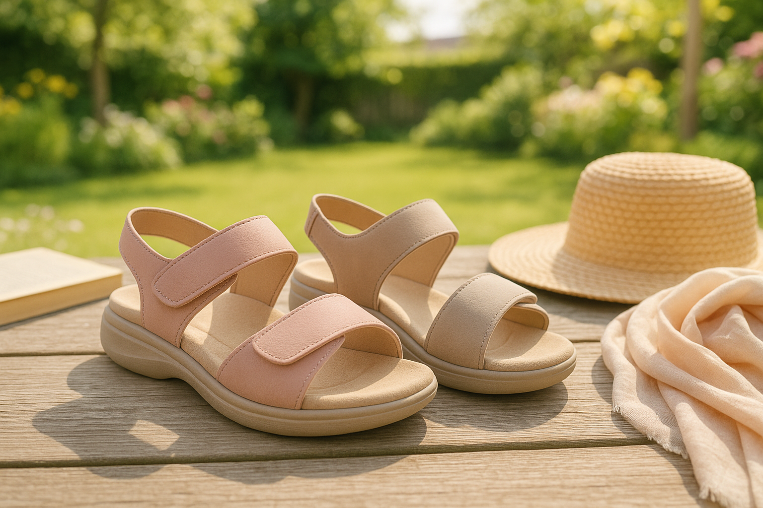 Orthopedic women’s sandals with wide adjustable straps and cushioned soles – ideal summer footwear for swollen feet, combining comfort and elegant support.