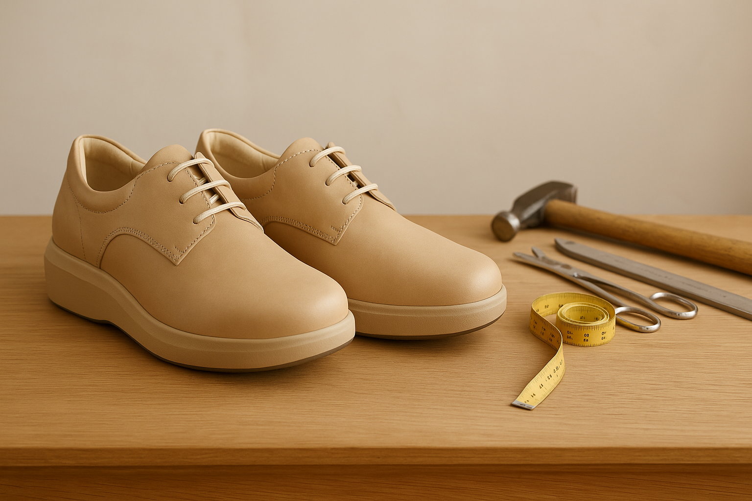 Bespoke orthopedic shoes with custom shaping placed beside measuring tools.