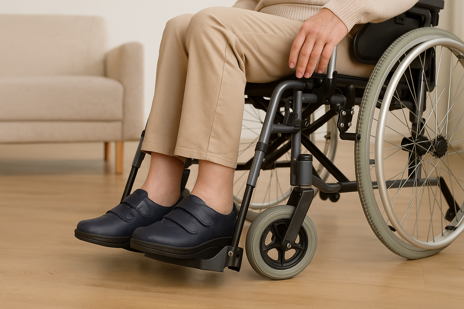 Close-up of a seated adult in a manual wheelchair, wearing navy blue orthopedic shoes, with beige pants and soft natural lighting, highlighting the comfort and support of the footwear for disabled adults.