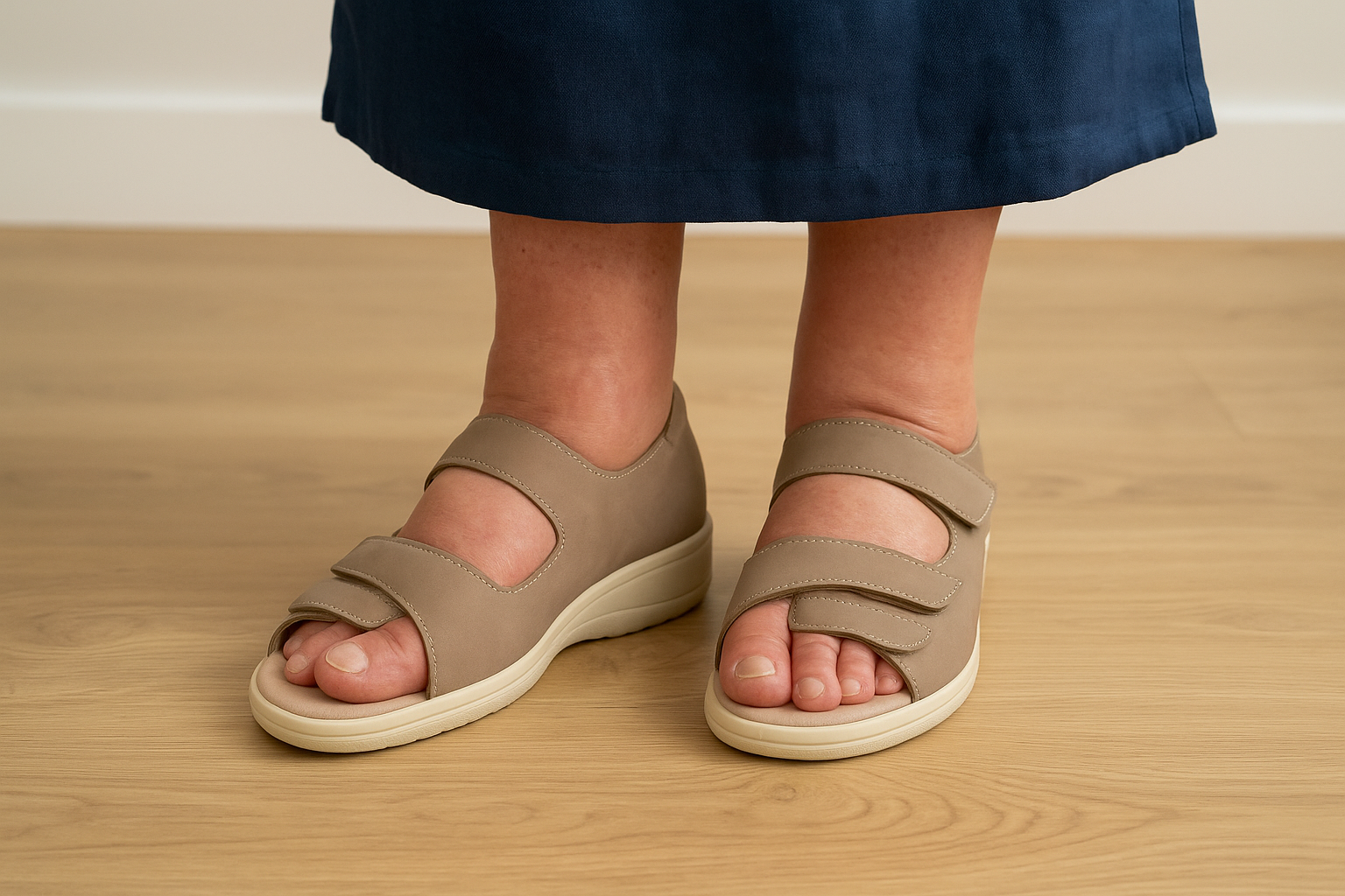 Close-up of taupe sandals with adjustable straps, worn by a person with swollen feet, set against a light wooden floor and navy blue dress, showcasing comfort and support for swollen feet.