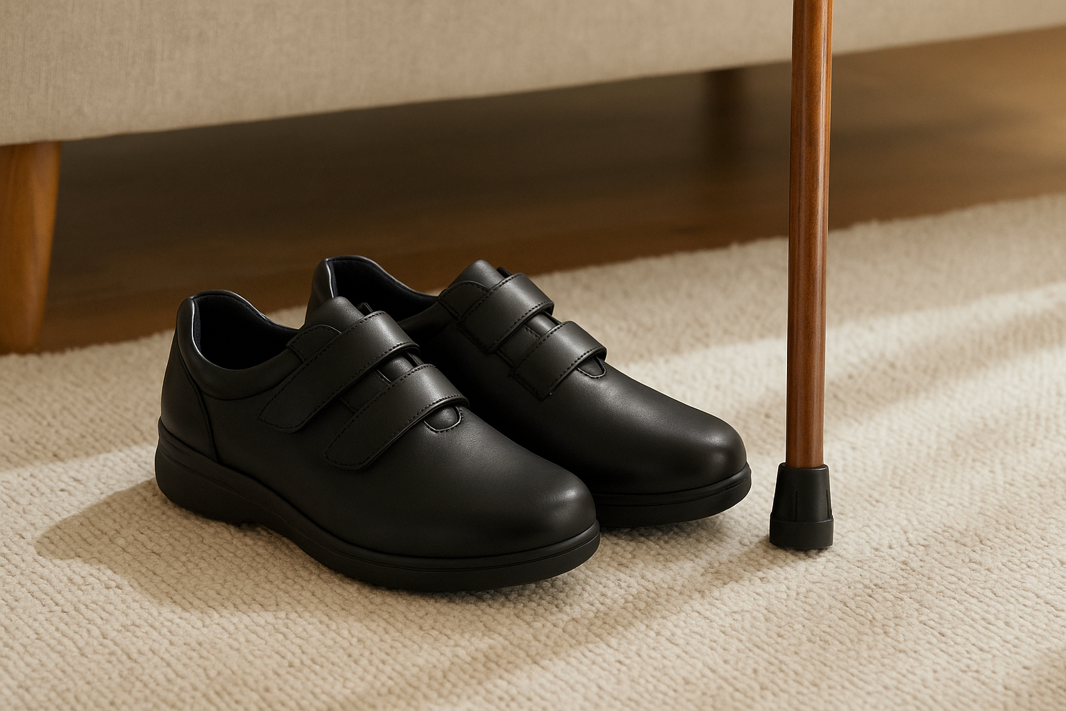Black leather wide-fit orthopedic shoes resting on a cream living room rug next to a wooden walking stick, symbolising comfort and mobility support.