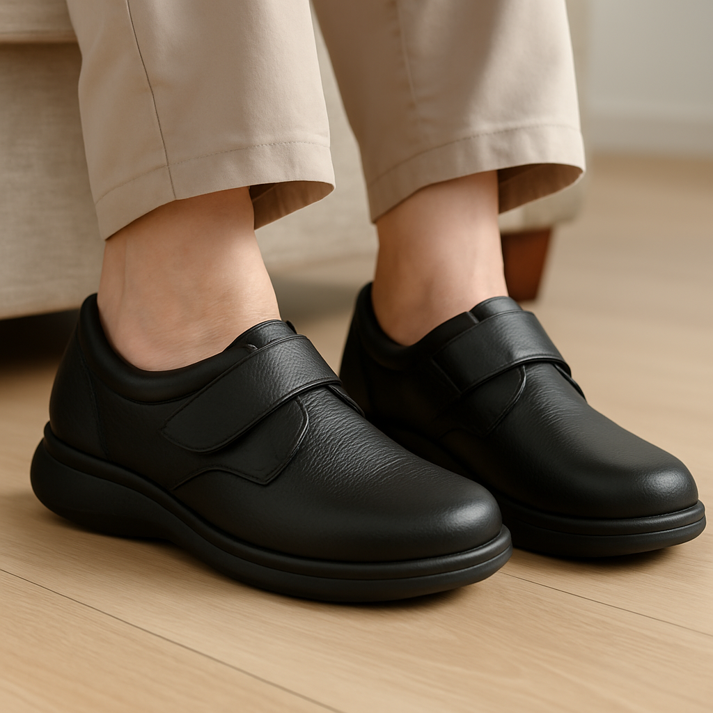 Close-up of black orthopedic shoes with Velcro straps, worn by an older adult with swollen feet, seated on a beige sofa with light wooden flooring, showcasing comfort and support for arthritis.