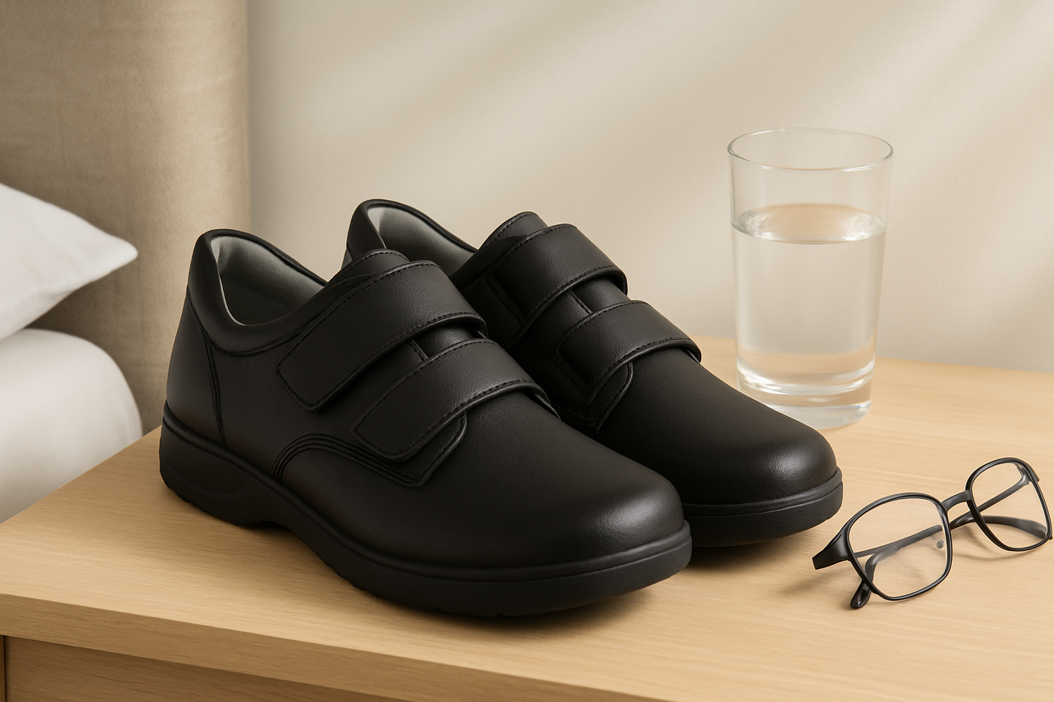 Lightweight black orthopedic post-surgery shoes with wide Velcro straps beside a water glass and reading glasses.
