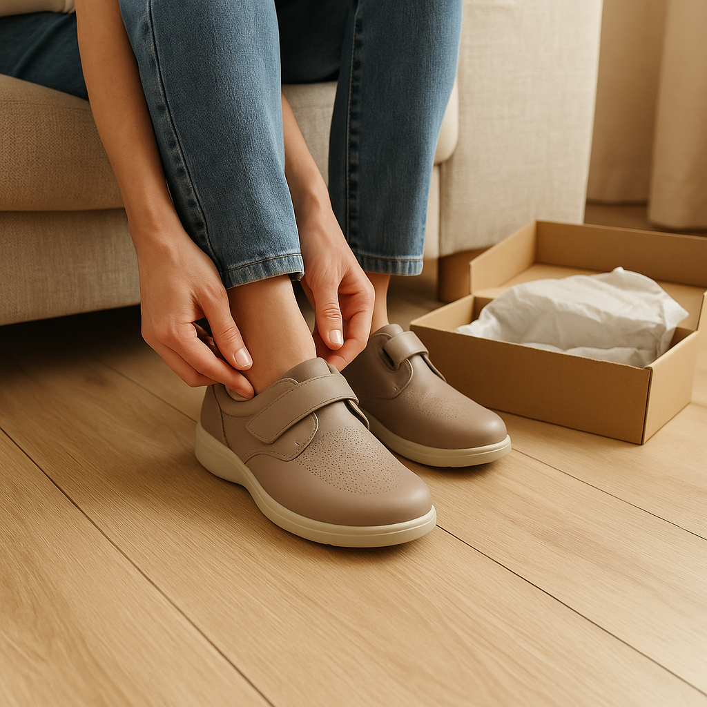 Person putting on new orthopedic shoes during the break-in period.