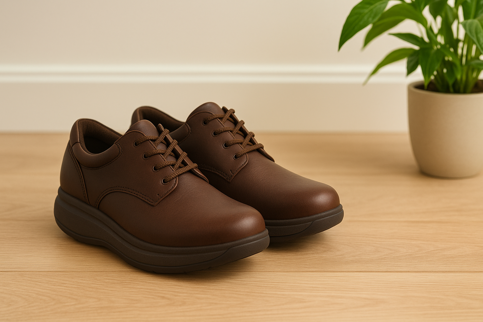 Brown orthopedic shoes with rocker soles on wooden flooring beside a potted plant.