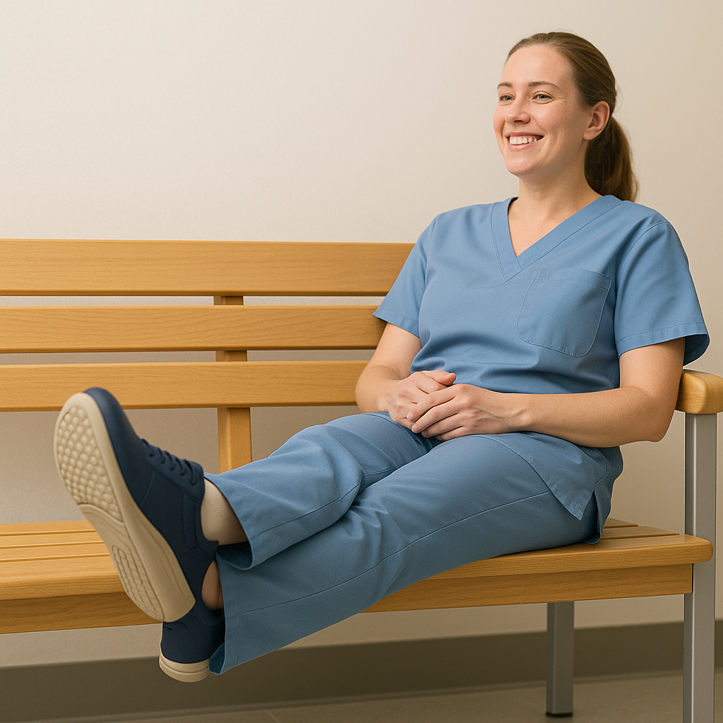 Caregiver relaxing after a long shift, wearing orthopedic shoes that provide comfort and support.