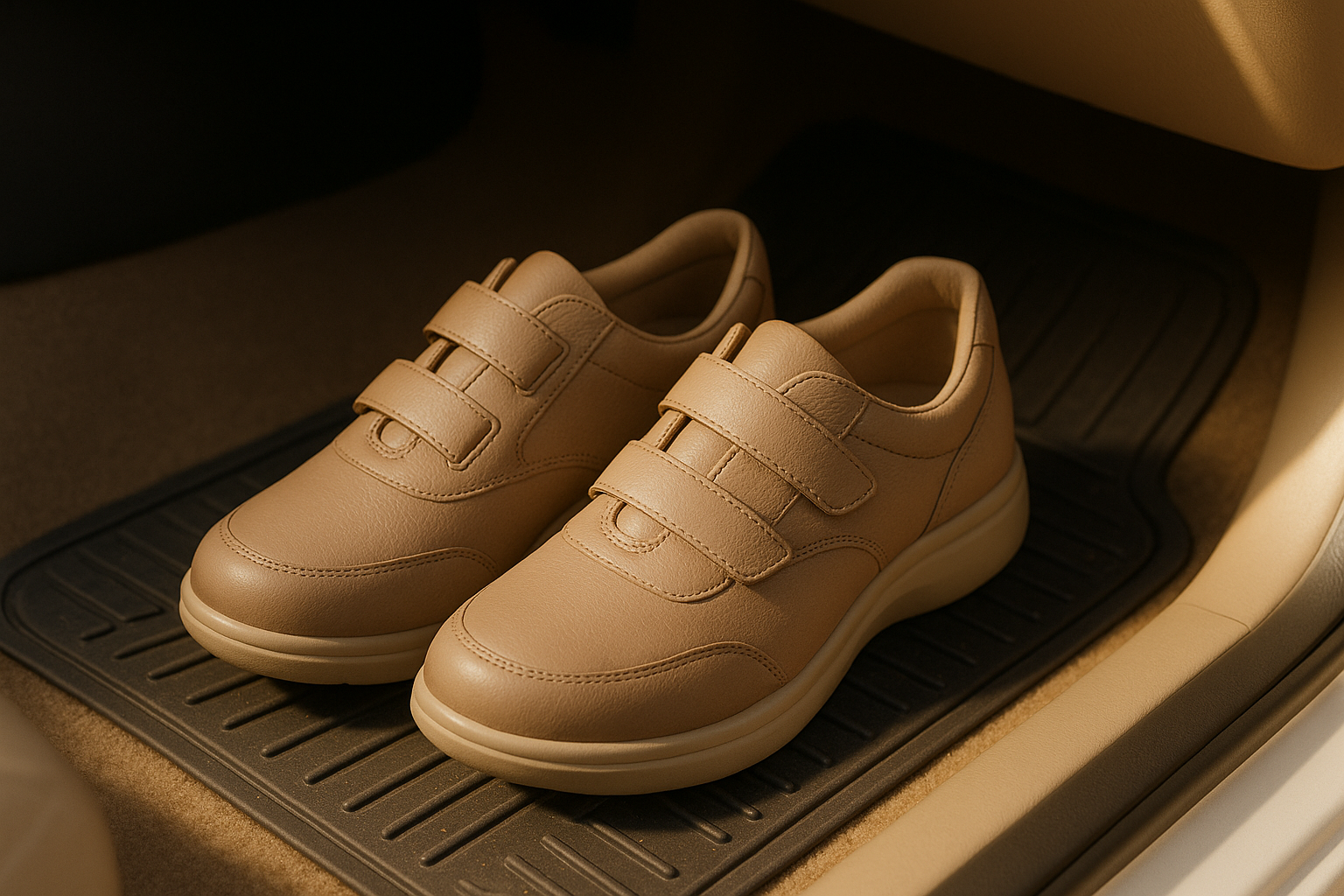Comfortable orthopedic shoes placed in car ready for driving in the UK.