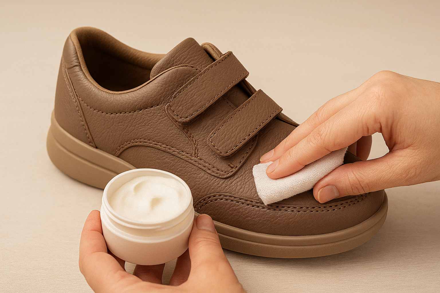 Hand conditioning a leather orthopedic shoe with cream for diabetic safety.