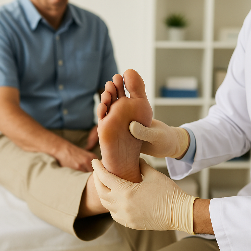 Podiatrist checking a diabetic patient's foot for pressure points