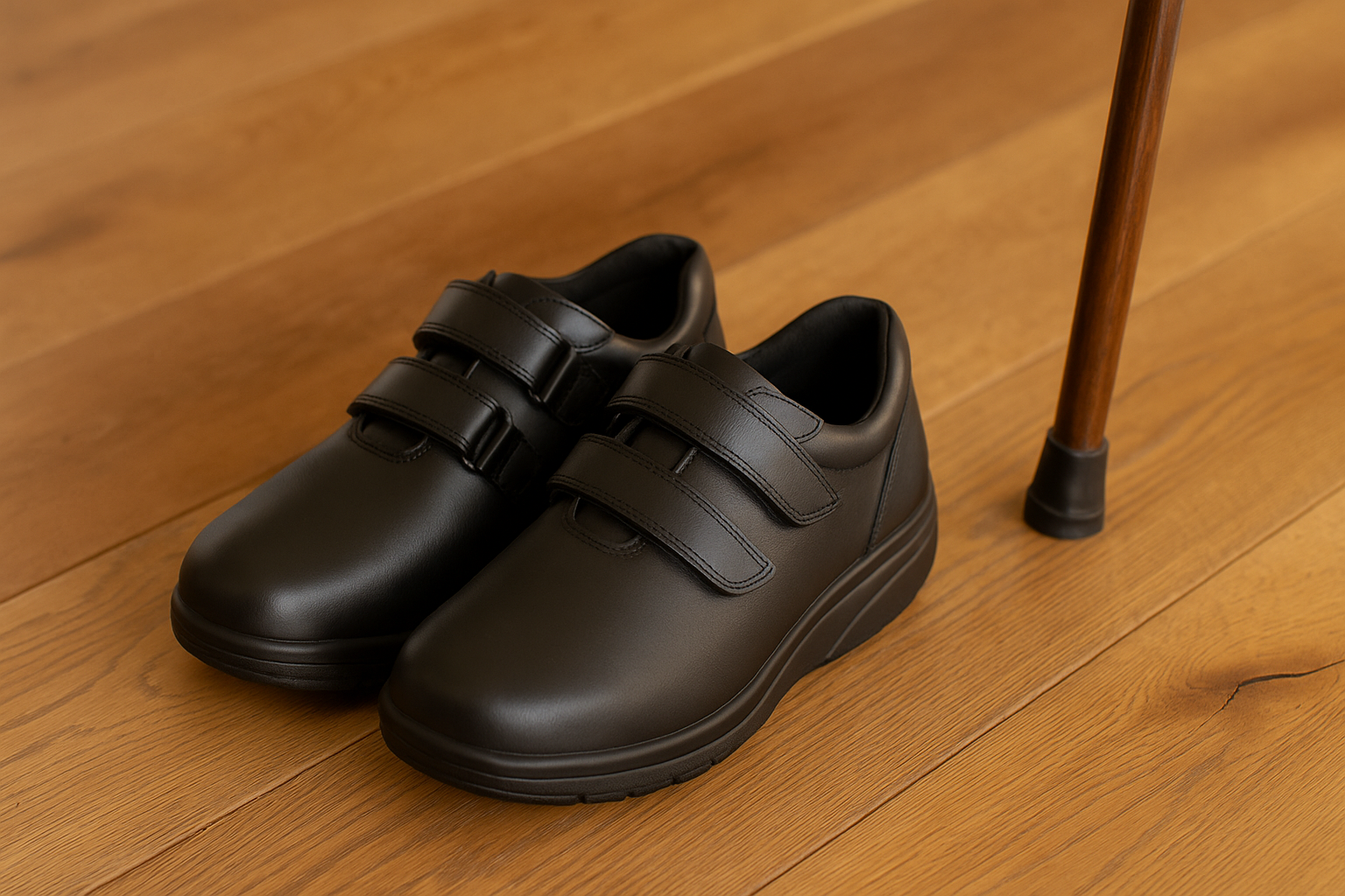 Men’s orthopedic diabetic trainers in black leather for safe and comfortable walking.