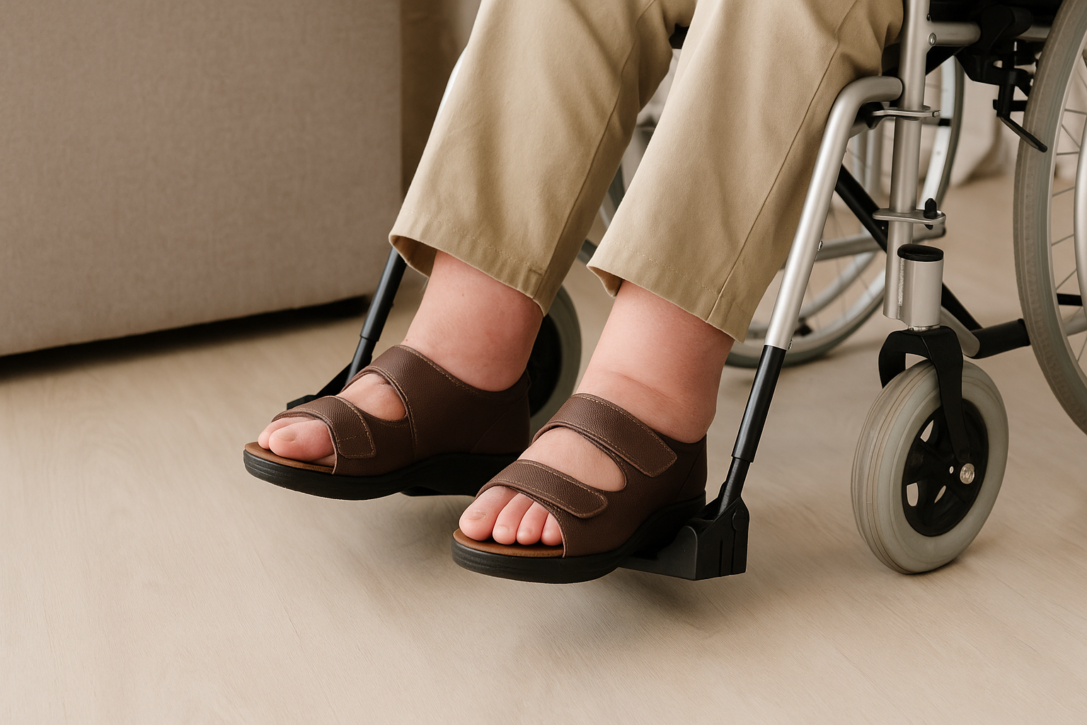 Close-up of a person seated in a wheelchair wearing brown orthopedic sandals with adjustable Velcro straps, designed for swollen feet, set against a light wooden floor and neutral background for optimal support and comfort