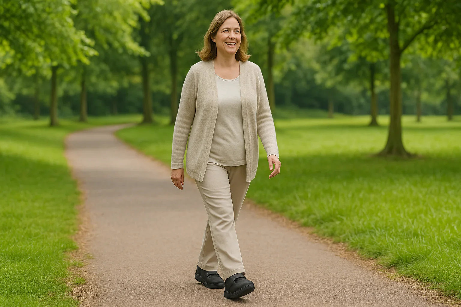 Person walking at park wearing supportive orthopaedic shoes