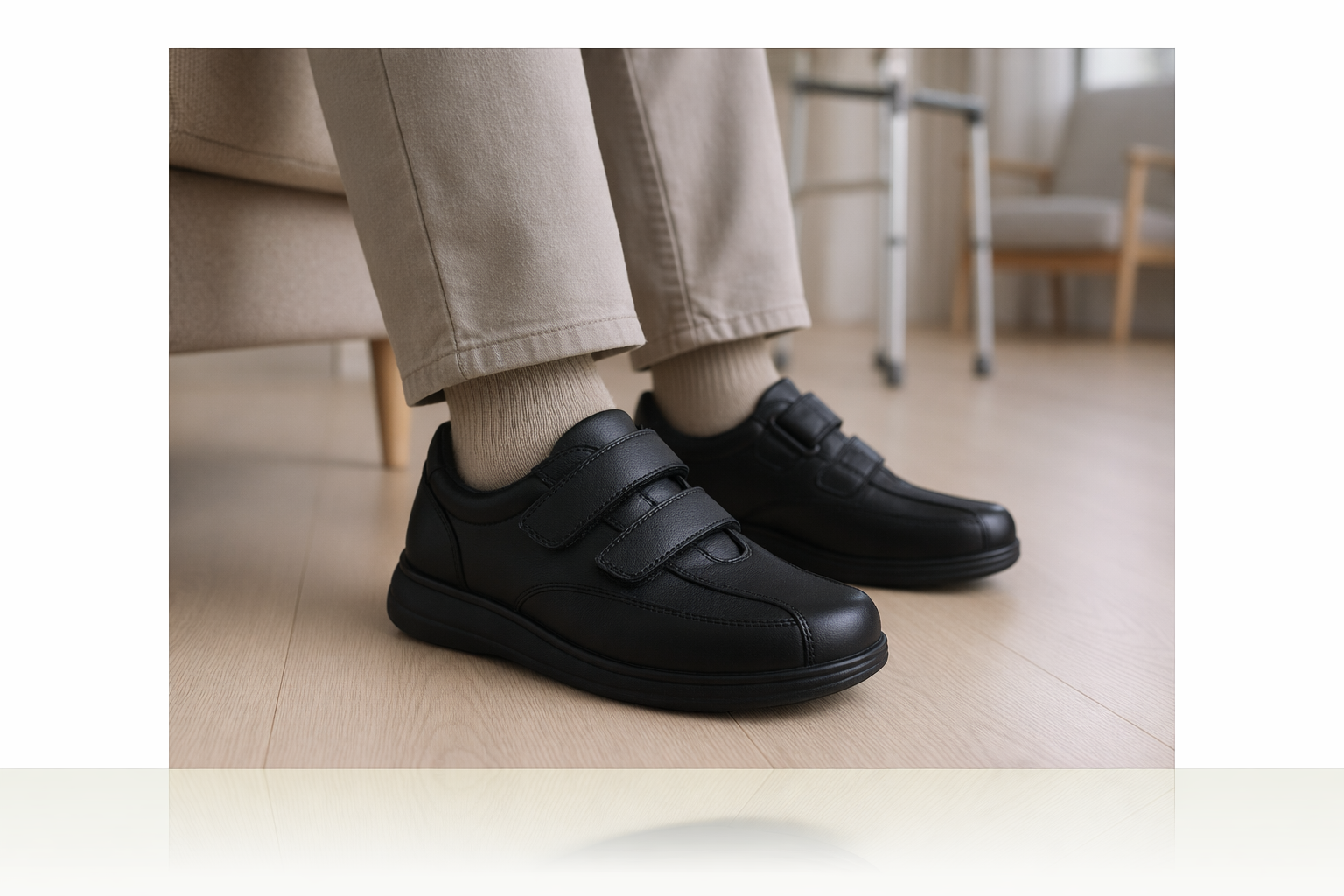 Extra depth orthopaedic shoe with Velcro straps providing supportive fit for sensitive feet indoors