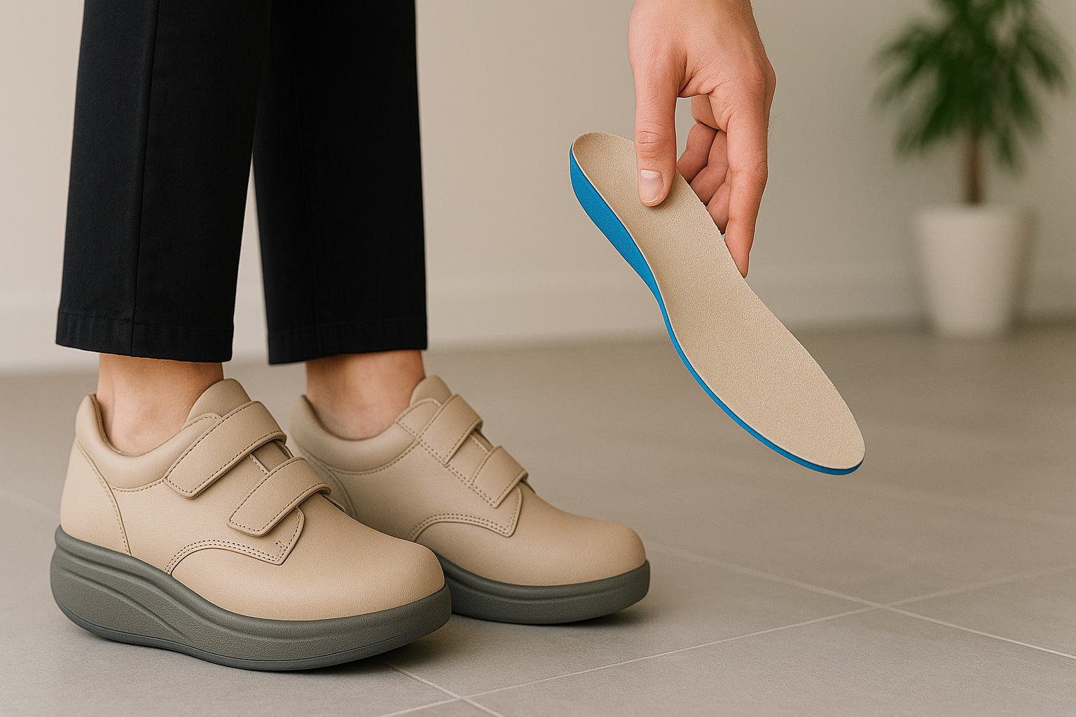 Close-up of beige orthopedic shoes by TDO Therapy with custom orthotic insoles, showcasing the perfect fit and extra depth for comfort and foot health.