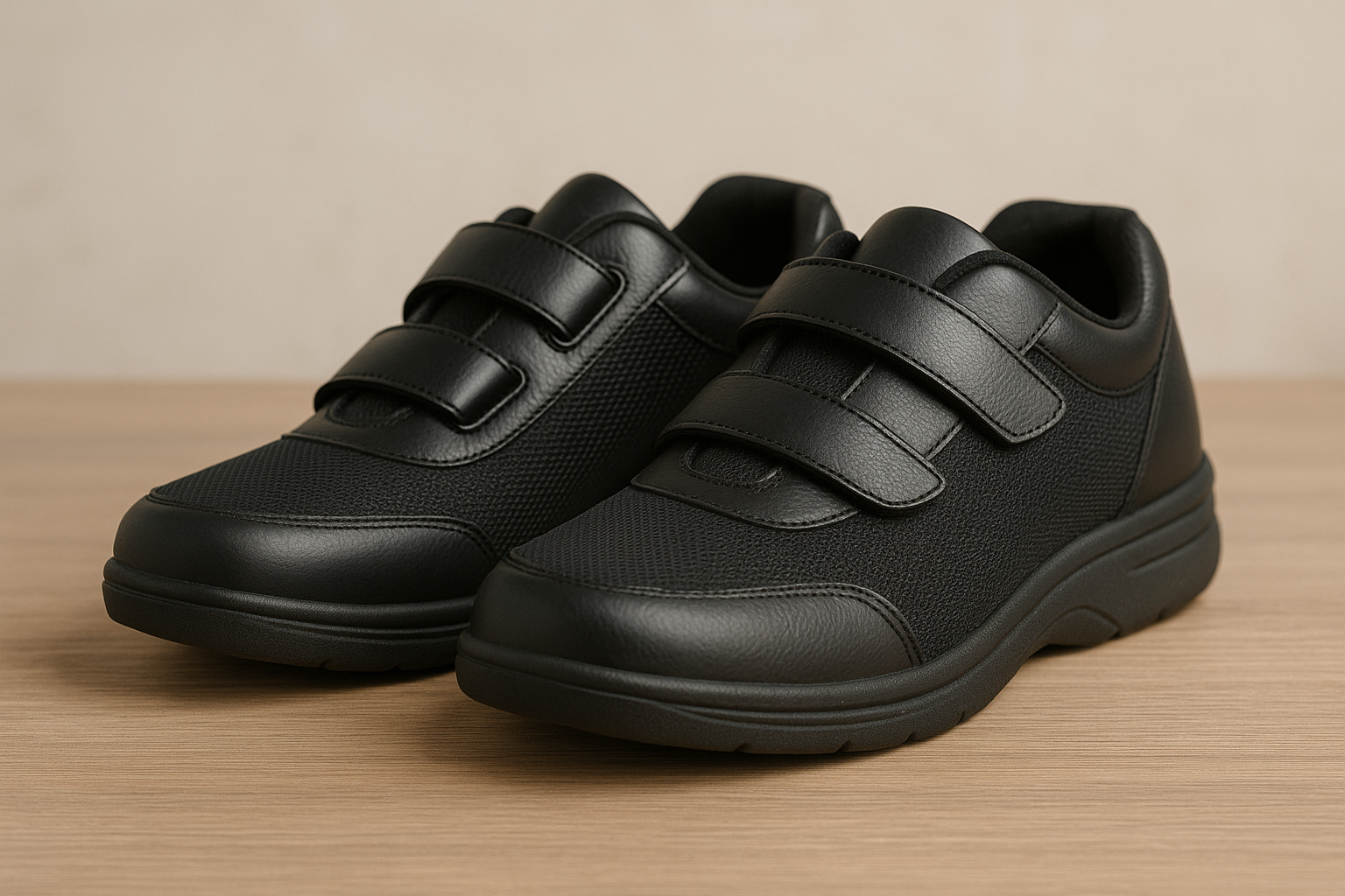 Pair of extra wide fit shoes designed for swollen feet and edema relief on a neutral background