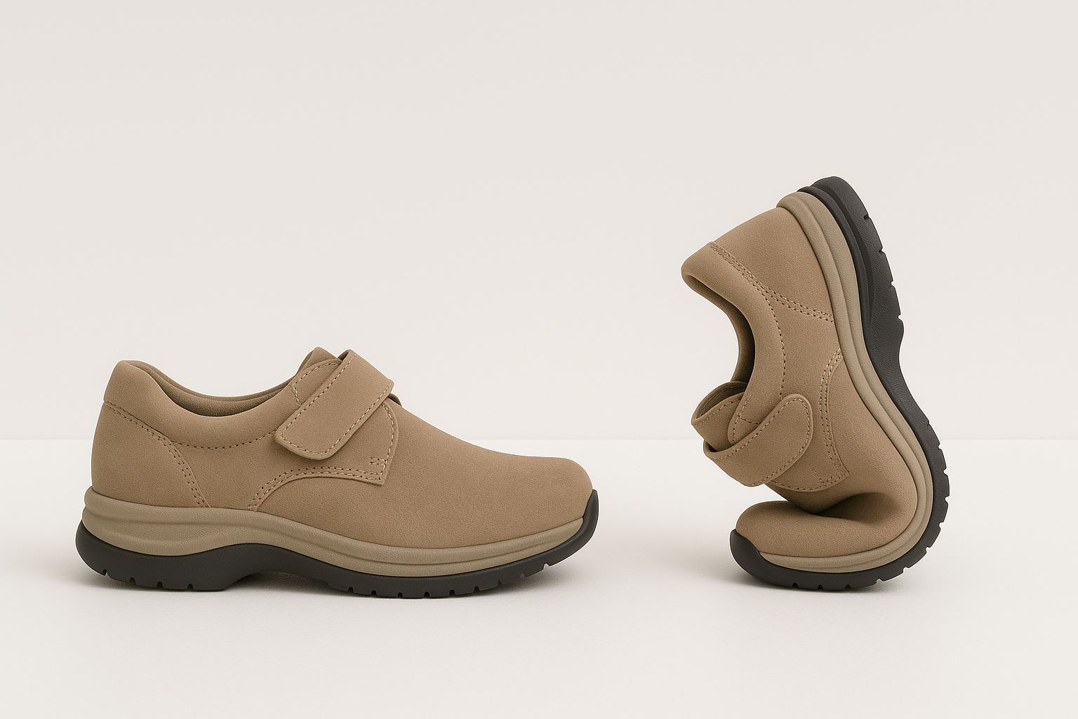 Side-by-side comparison showing flexible and rigid orthopedic shoe soles for different foot needs.