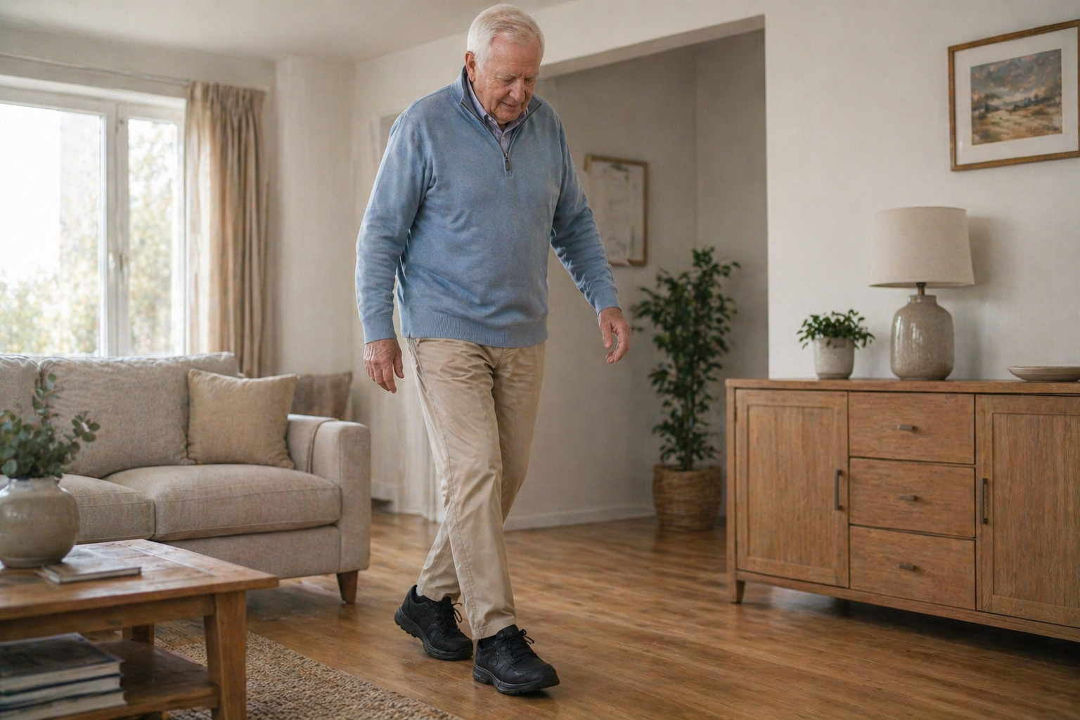 Older adult walking carefully wearing supportive shoes designed for foot drop