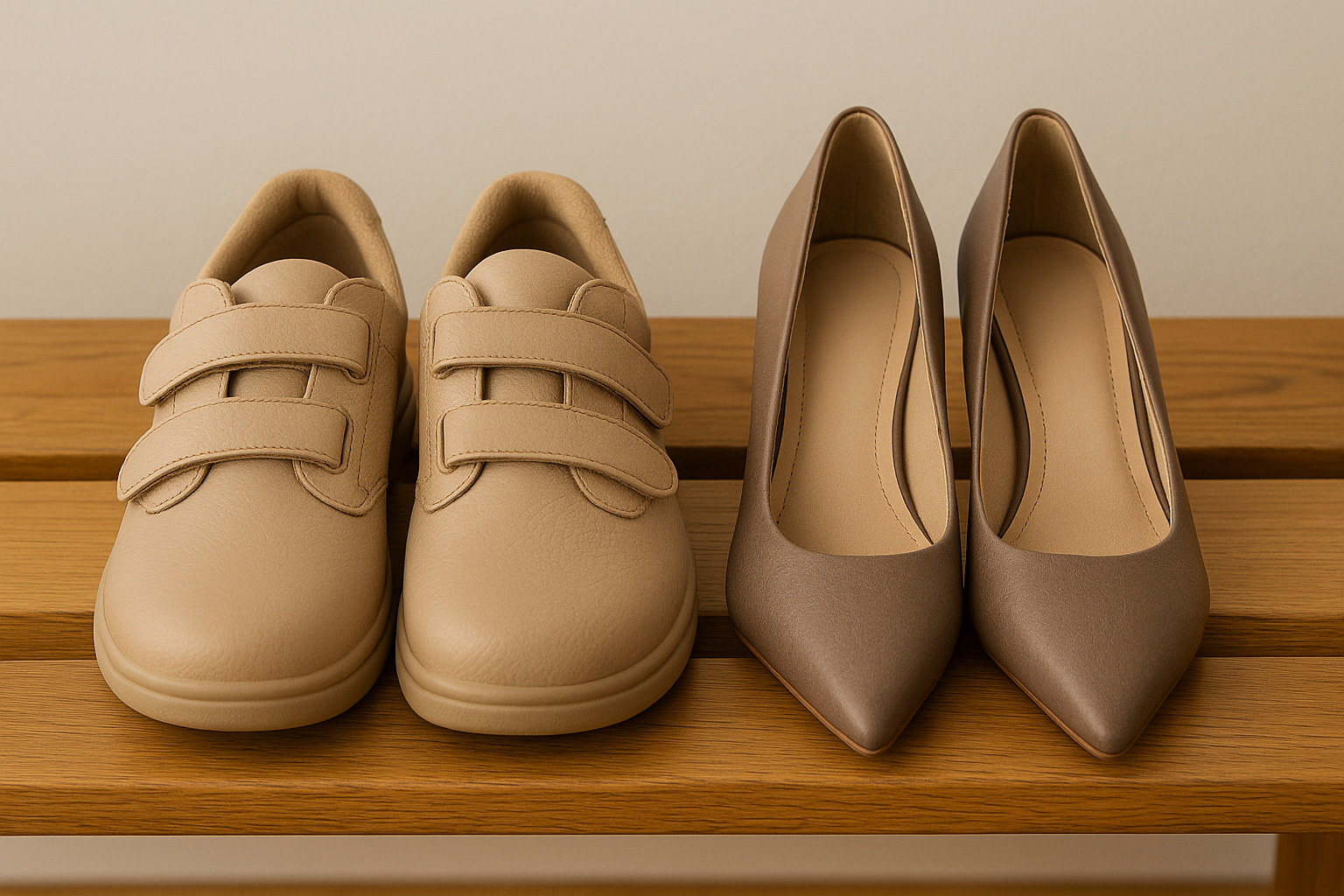 Wide toe-box orthopedic trainers beside narrow heels illustrating footwear choices to prevent worsening Morton’s neuroma.