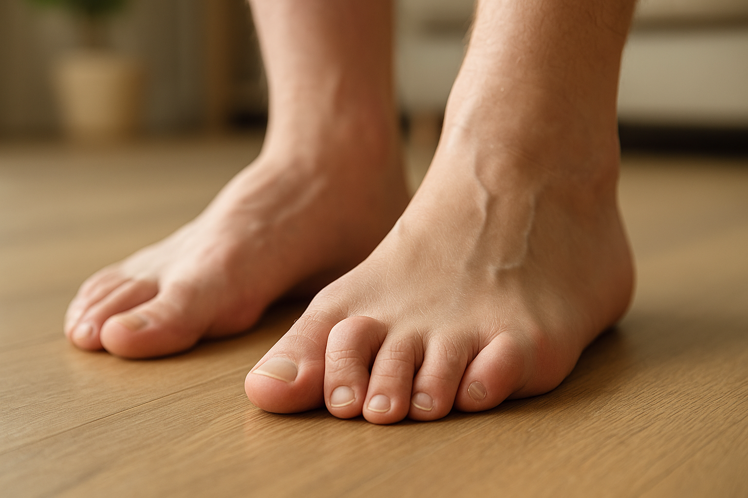 Close-up of a person's foot with hammer toe deformity standing on wooden flooring, showing the toe's curve and visible skin details in a natural setting.