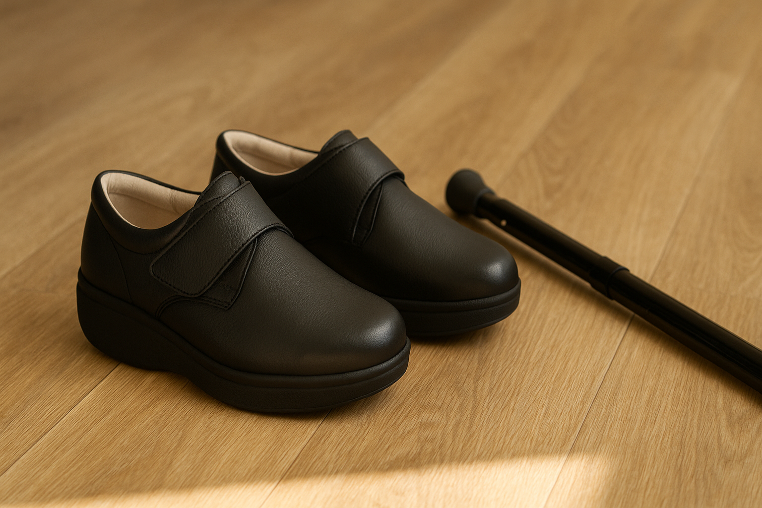 Black orthopedic heel raise shoes for leg length difference placed on a wooden floor.