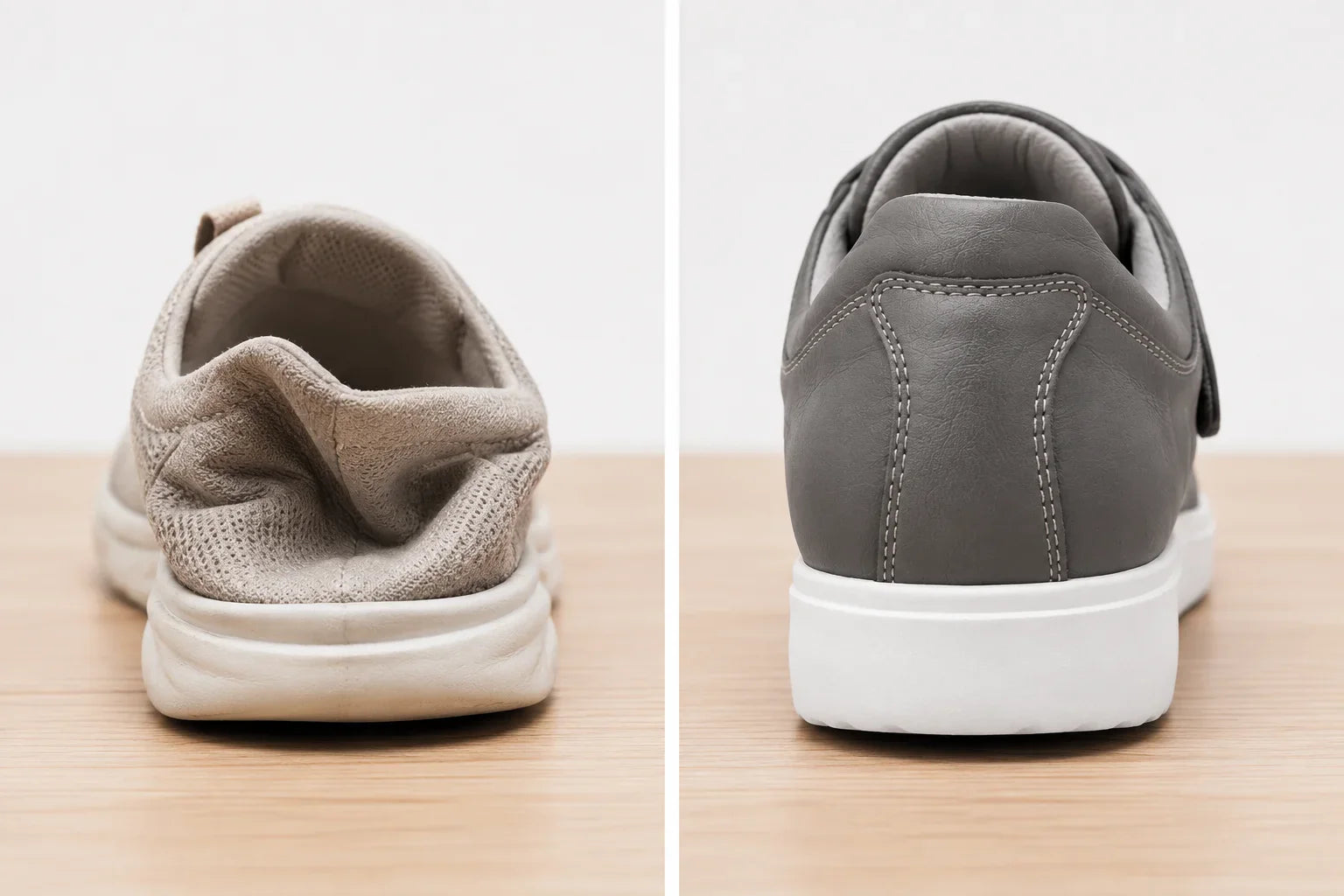 Comparison between soft footwear and structured supportive footwear showing differences in heel stability