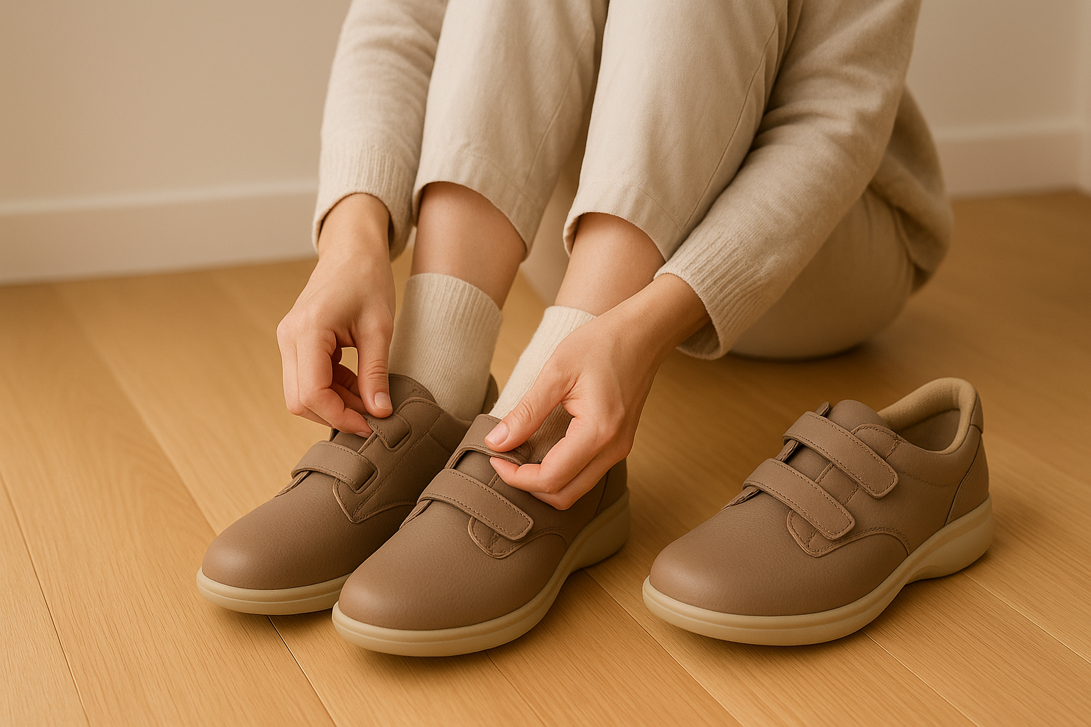 Woman testing orthopedic shoes at home on a clean indoor surface.