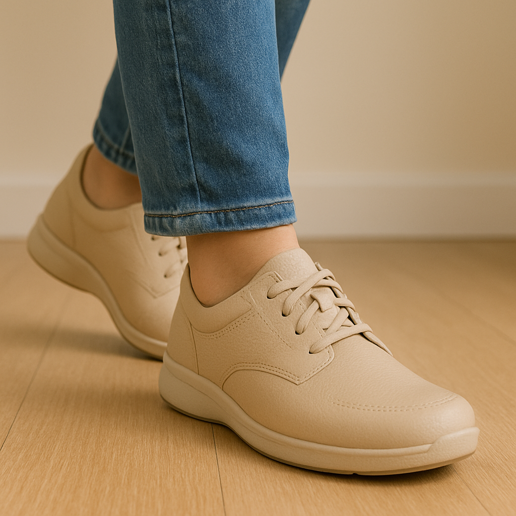 Person wearing supportive orthopedic shoes while walking on a wooden floor indoors.