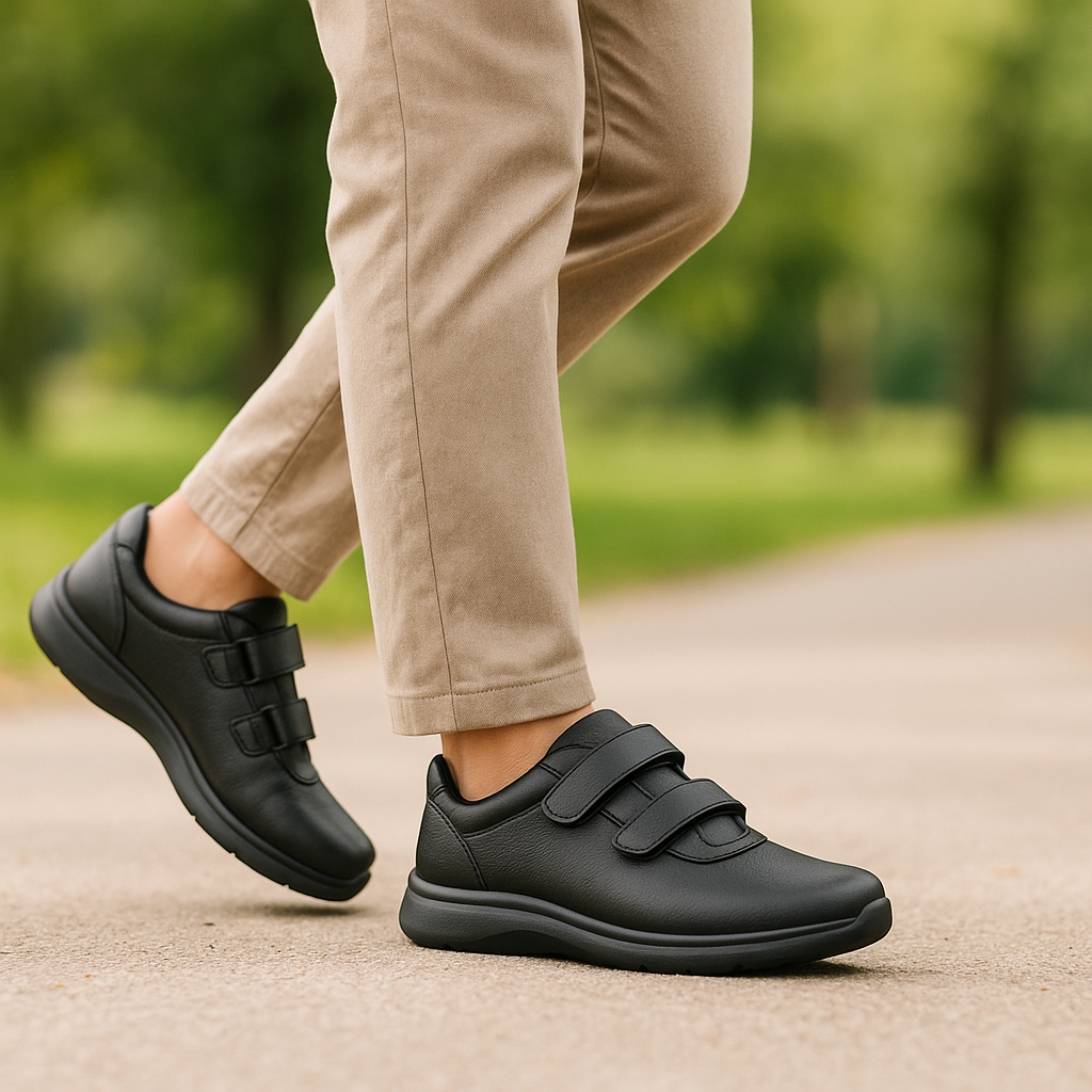 Person walking comfortably in lightweight orthopedic shoes outdoors.