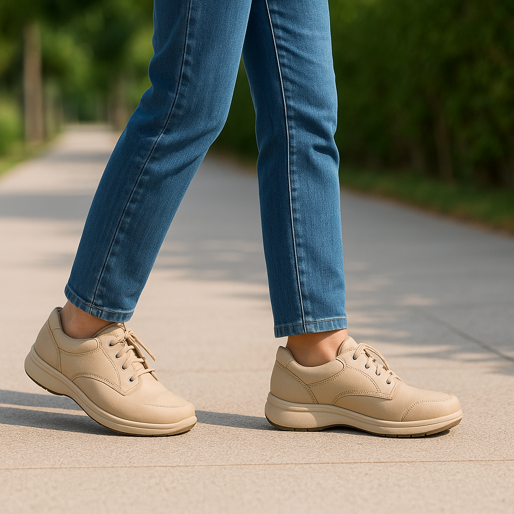 Person walking comfortably in lightweight orthopedic shoes for daily movement.