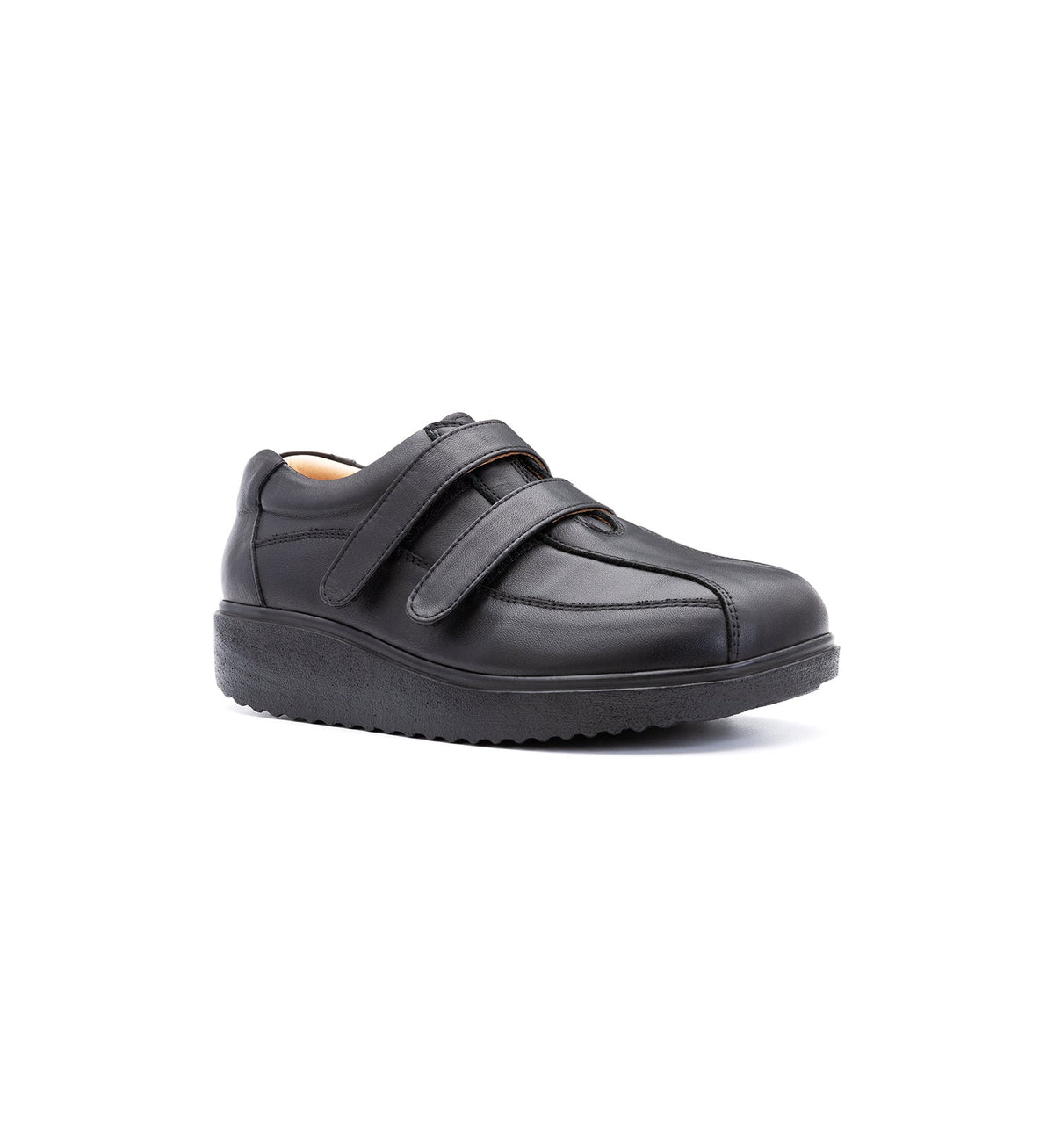 Black Marlow leather shoe with two touch-fastening straps, shown from a front three-quarter angle.
