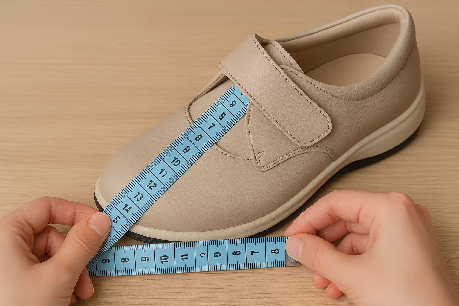 Close-up of a beige orthopedic shoe being measured for width with a blue measuring tape, highlighting the shoe’s cushioned sole and adjustable strap on a light wooden surface.