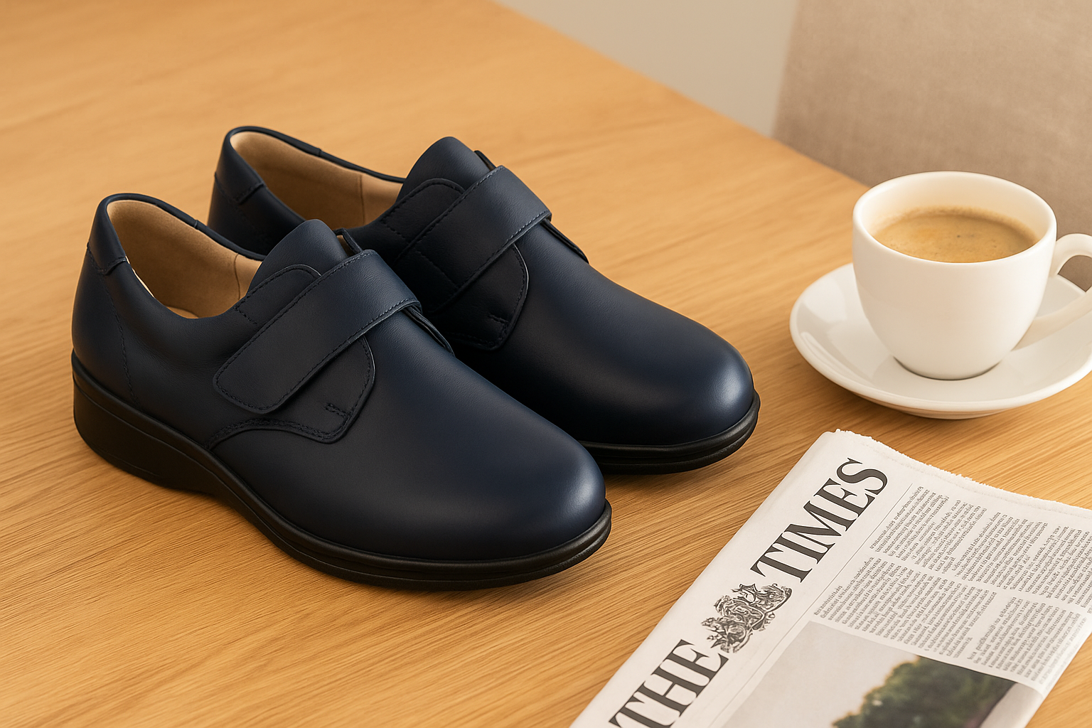 Navy leather wide-fit orthopedic shoes displayed on a breakfast table beside a folded newspaper and a white coffee cup, suggesting relaxed morning comfort.
