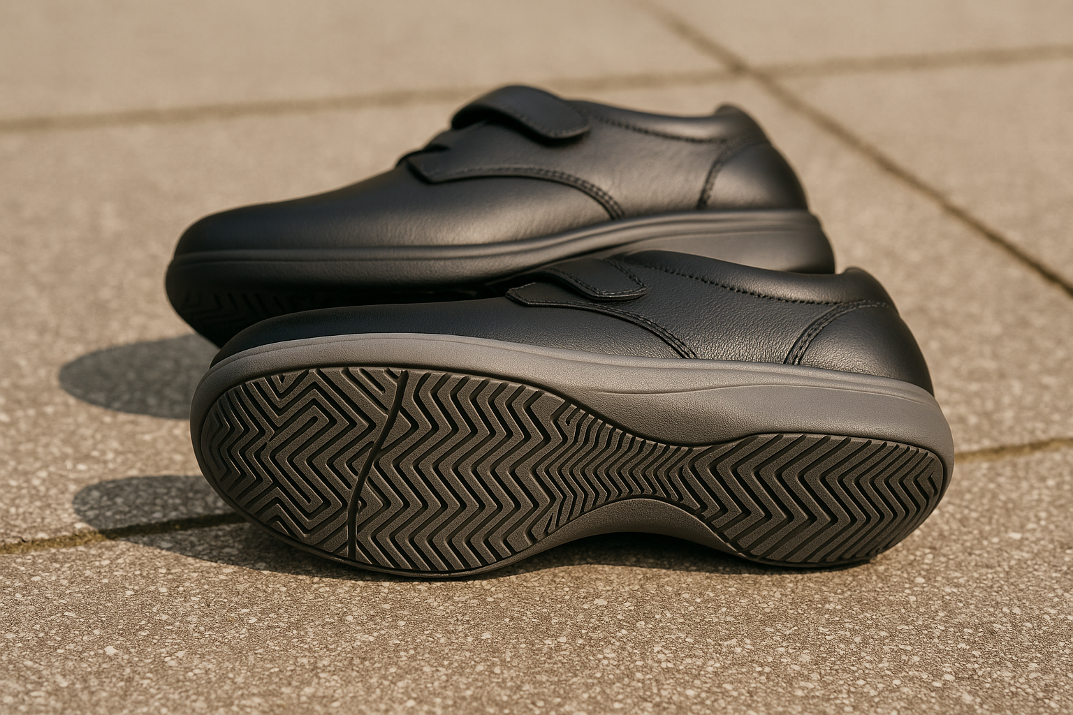 Orthopedic shoe soles with anti-slip tread for elderly fall prevention.