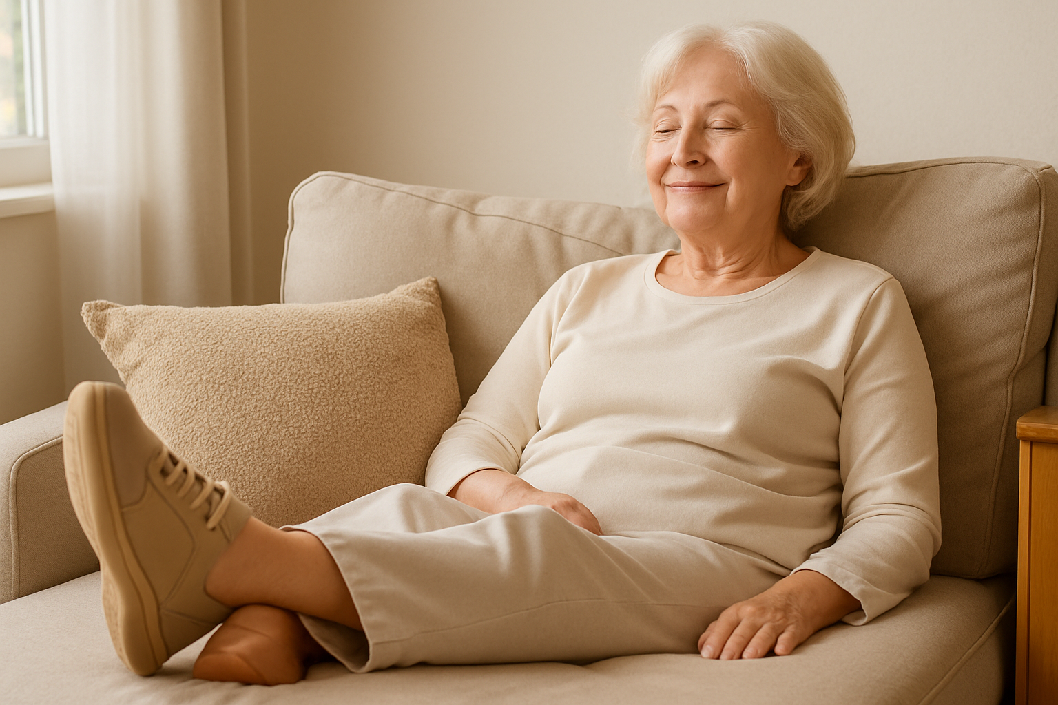 Older woman relaxing at home with her legs elevated on cushions to reduce swelling in her feet.