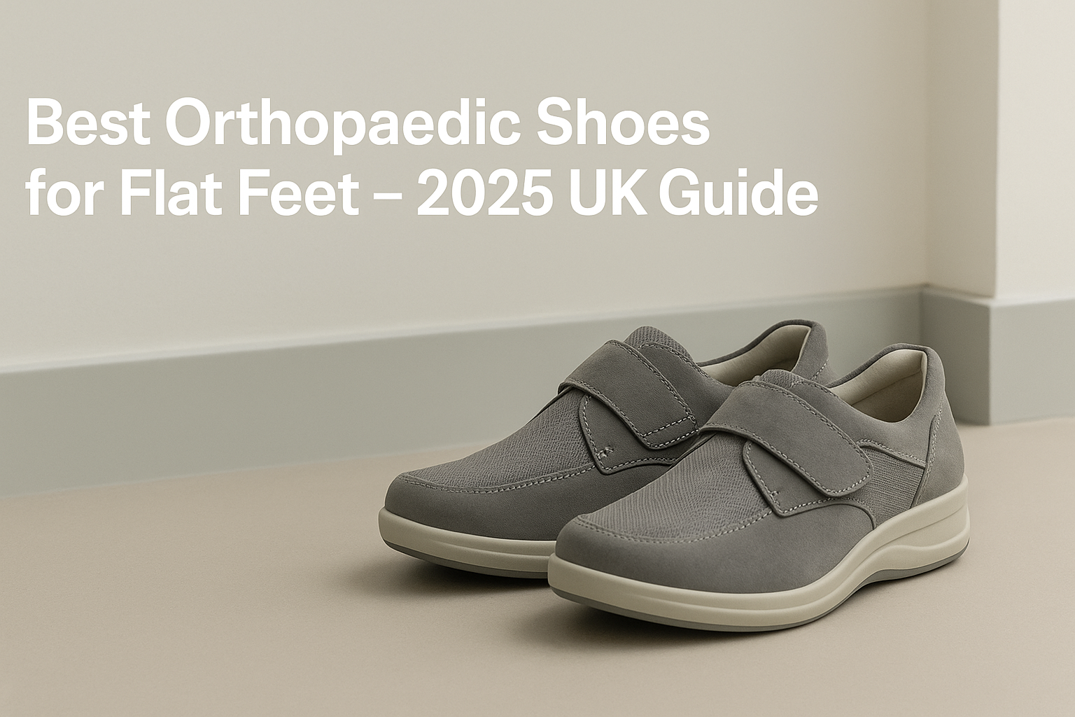Promotional image showing supportive orthopaedic shoes for flat feet with arch support in the UK