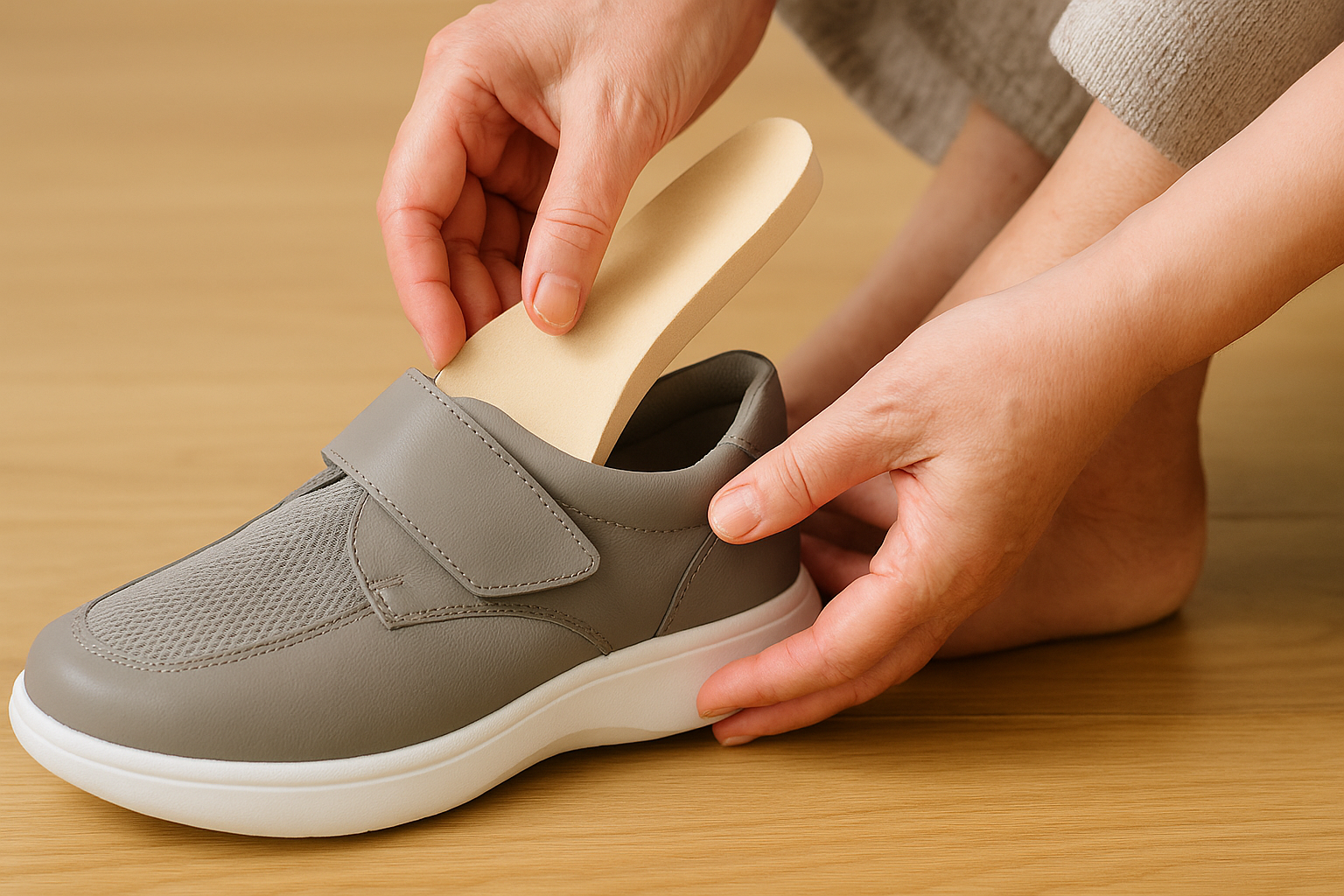 Orthopaedic shoes with removable insoles laid out beside them, highlighting the adjustable and supportive design