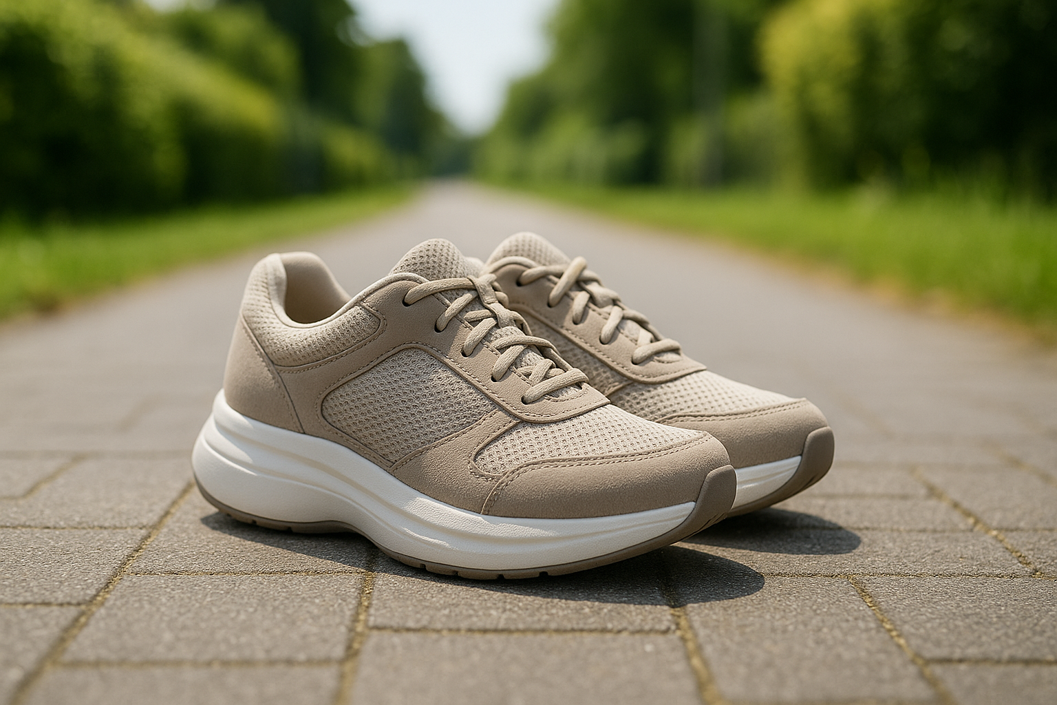 Pair of cushioned orthopaedic walking shoes placed on pavement in the UK for long-distance use