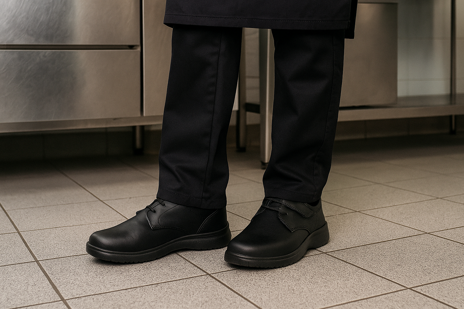 Chef in UK kitchen wearing orthopedic anti-slip shoes for long shifts.