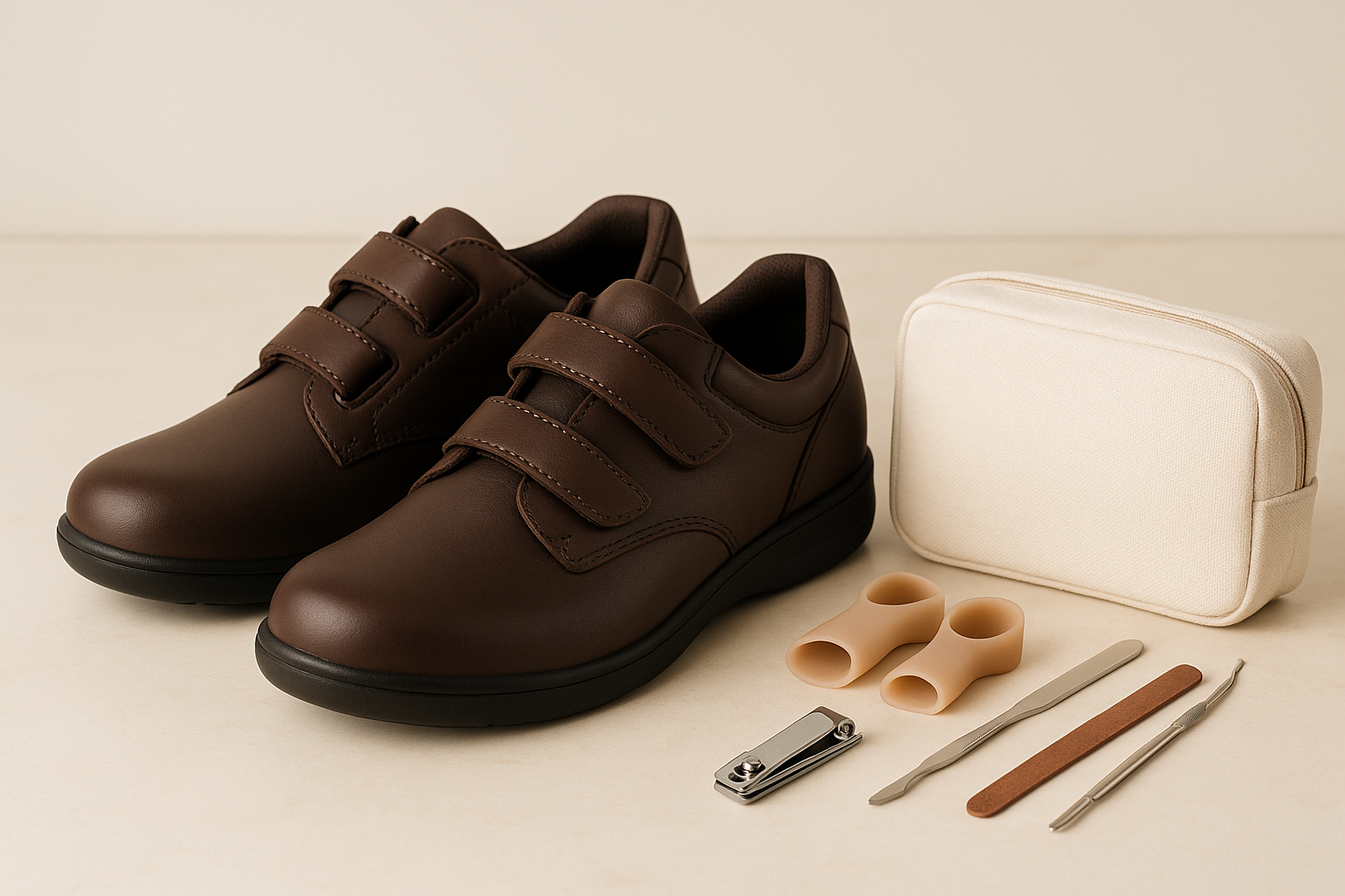 Orthopedic shoes shown with wide and deep design to prevent early signs of foot deformity.