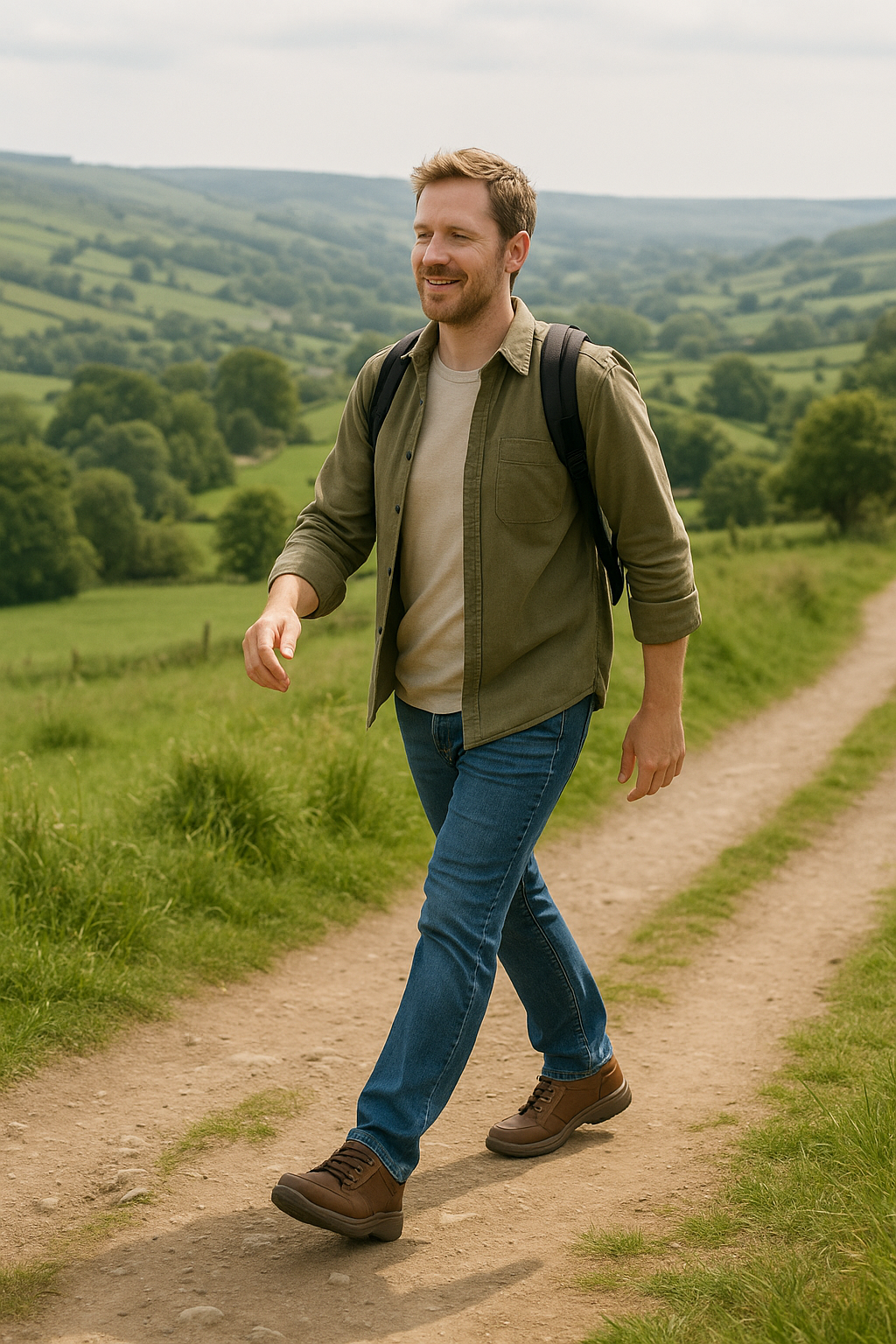 Hiker wearing orthopedic shoes for UK trails, walking comfortably on countryside path.