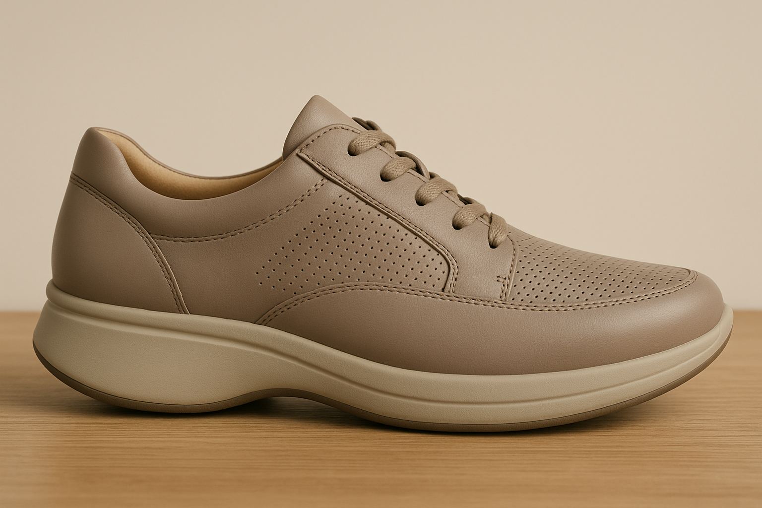 Orthopedic shoe with balanced heel height and rocker sole for natural foot alignment.